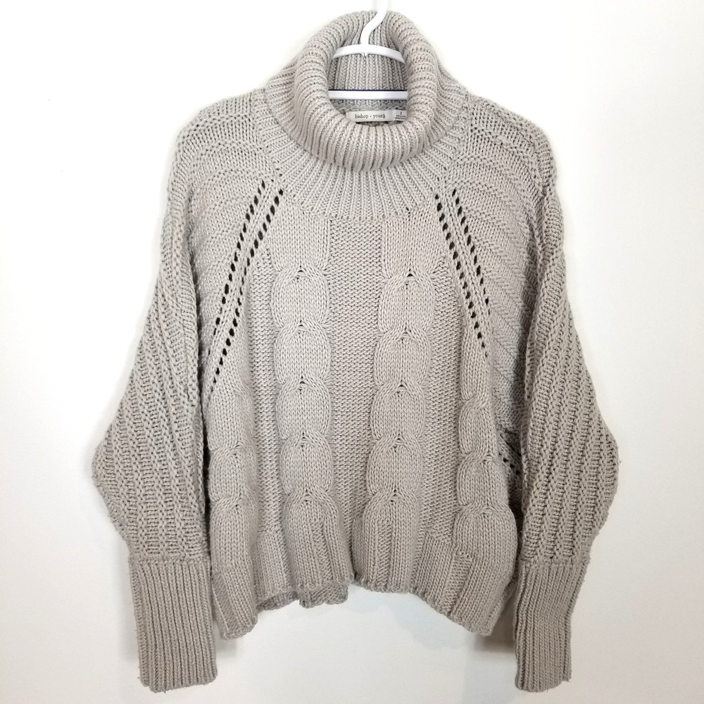 Bishop + Young Women Cableknit Chunky ‎ Sweater Sz S Gray Turtleneck Wool Blend
